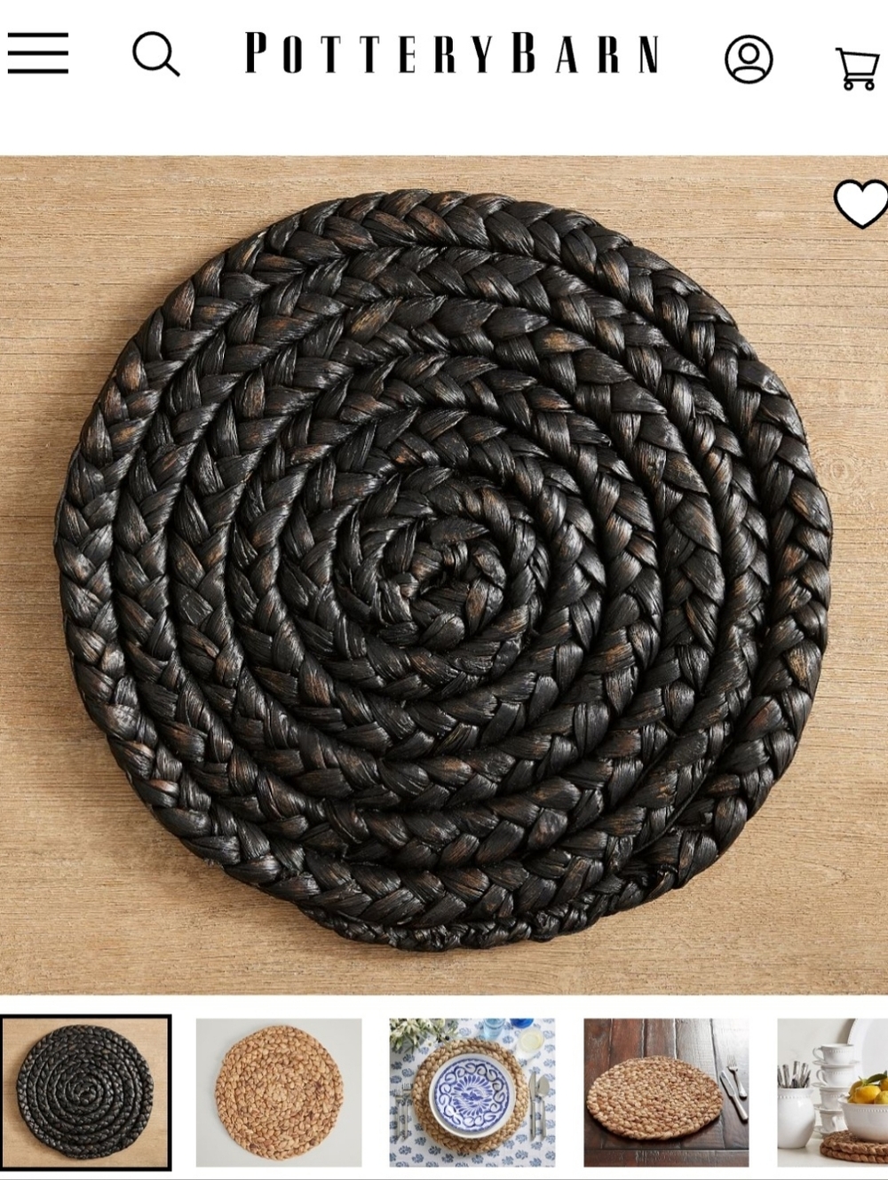 Pottery Barn Beachcomber Handwoven Round Placemat - Black